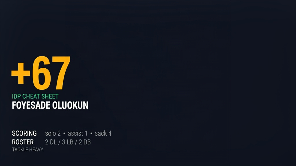 LeagueFrenzy IDP cheat sheet card: Foyesade Oluokun, +67 spots against the market. Scoring: solo 2, assist 1, sack 4. Roster: 2 DL / 3 LB / 2 DB, tackle-heavy.